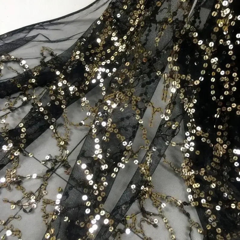 

5 Colors Tassel Sequins Embroidery Lace Fabric Gold Sequins Mesh tulle Lace Fabric For Girl Dress Tutu Dress Wedding