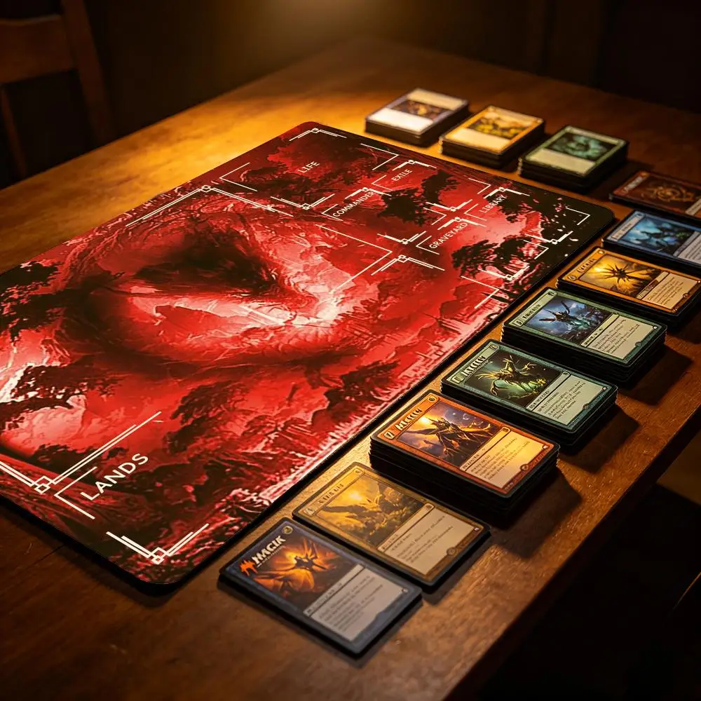 Dark Red Forest Sleeping Dragon Art Playmat, Full Zoned Anti-Slip Rubber Card Game Mat for MTG Commander TCG Table Mat 60×35cm