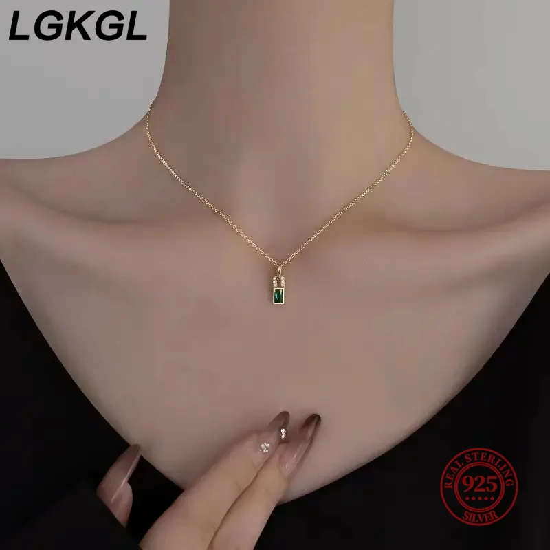 LGKLG 925 Sterling Silver Emerald Green Zircon Lock Shape Pendant Necklace Plating 18K Gold Fashion Simple Necklace for Women