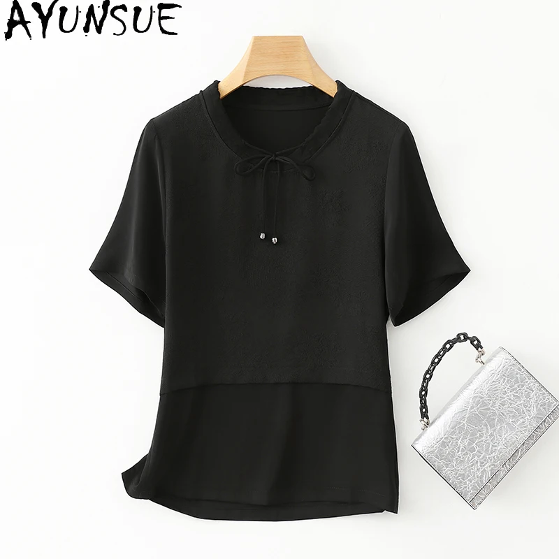 

AYUNSUE 92% Real Mulberry Silk Women Shirt Loose Short Sleeved Summer Clothes Solid Shirts Blouses 2024 Tops Рубашка Женская