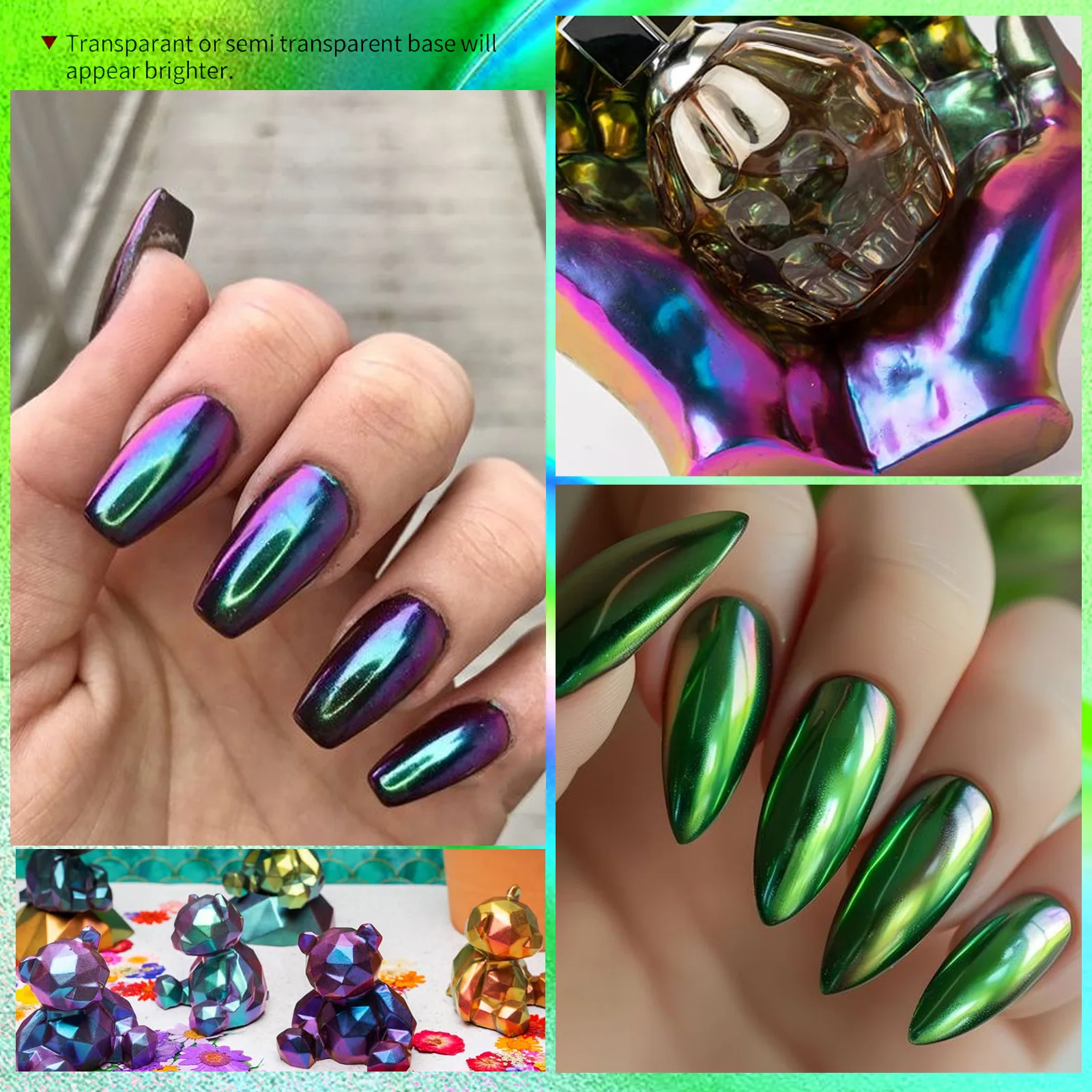 1 Doos Hameleon Magische Spiegel Nail Art Poeder 0.3G Holografische Sparkly Metallic Effect Chrome Pigment Optische Manicure Wrijven stof