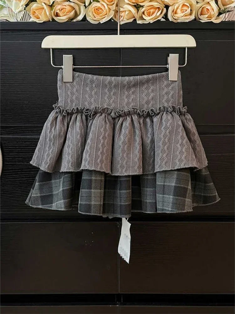 Harajuku Girls Knitted Patchwork Plaid Grunge Skirts Women Y2k Aesthetic High Waist Skirt Streetwear Vintage Ruffled Mini Jupe
