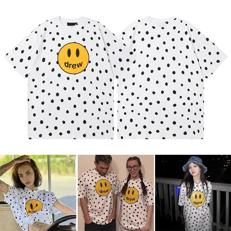 

Drew House Premium Polka Dot Smiley Letter Print Short Sleeve High-Street Casual Oversized 100% Cotton T-Shirt