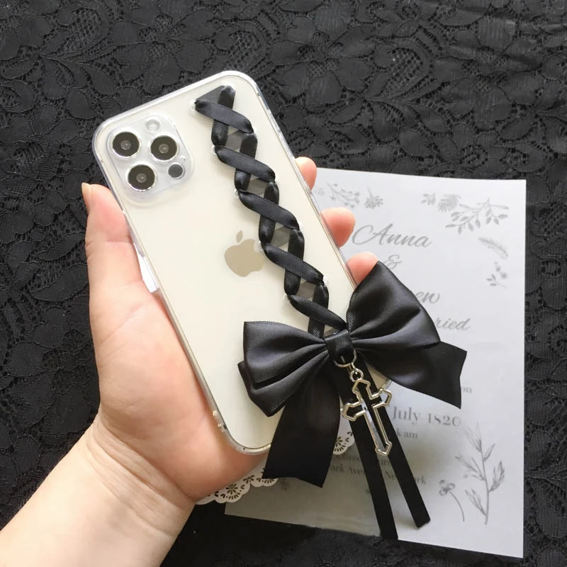 Jiraikei Black Big Ribbon Transparent Phone Case iPhone 14 15 16 Pro Max Plus XS X XR Galaxy Custom Soft Cover