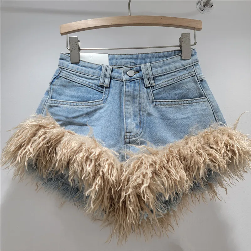 Pantaloncini di jeans patchwork pelosi per donna, ragazza calda stile americano 2025 Autunno Inverno Nuovi pantaloni caldi sexy con sollevamento dell'anca a vita alta sottile