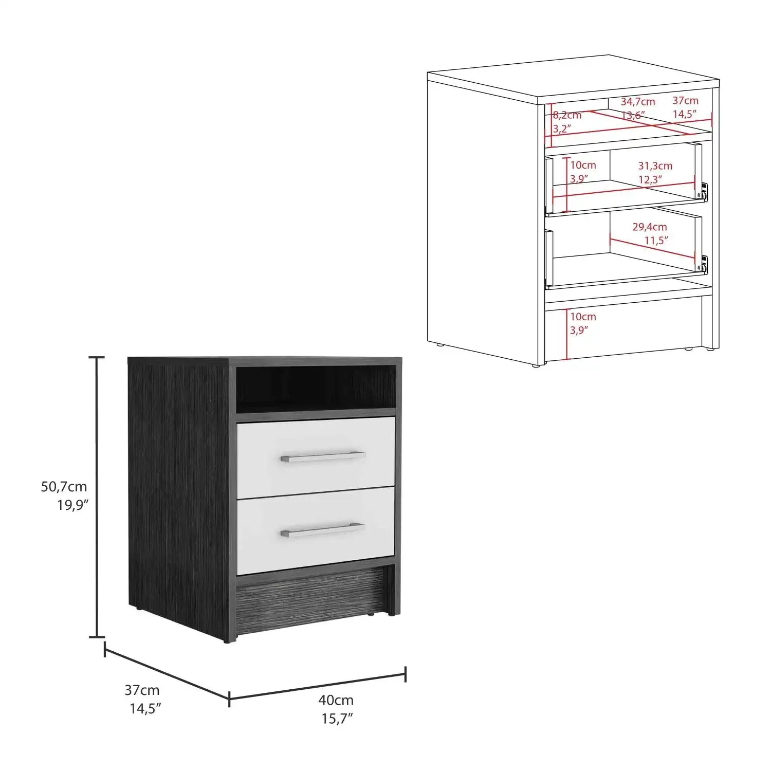 Eter Nightstand, Superior Top, Two Drawers Smokey Oak / White