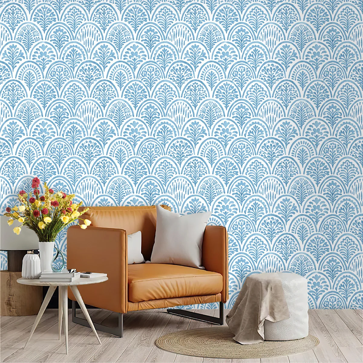 Blue Watercolor Arch Botanical Wallpaper Self Adhesive Waterproof Removable Wall Paper for Dresser Cabinet Bedroom Home Decor