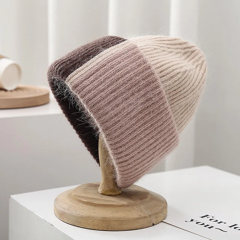 Autumn Winter Rabbit FUR Knitted Hat Women Simple Three Color Splicing Thickened Skullies Hat Versatile  Pullover Beanies Hat