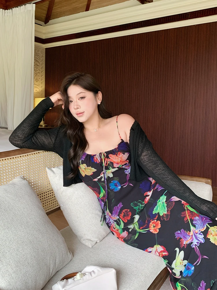 

Vintage Floral Print Halter Dress plus Size Women's Summer Vacation Style Slimming Long Skirt High Waist A-Line Gown