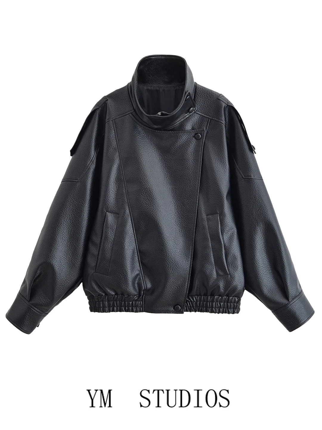 

Женская свободная кожаная куртка черного цвета с узором, воротником-стойкой, в ретро-американском стиле, мотоциклетная куртка для осени