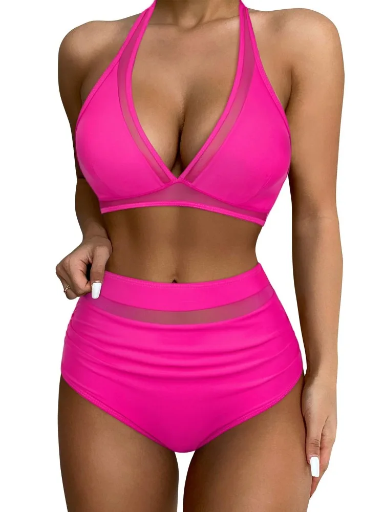 Conjunto de Bikini de cintura alta para mujer, bañador Sexy de realce, ropa de playa negra, traje de baño ajustable, Bikinis 2024