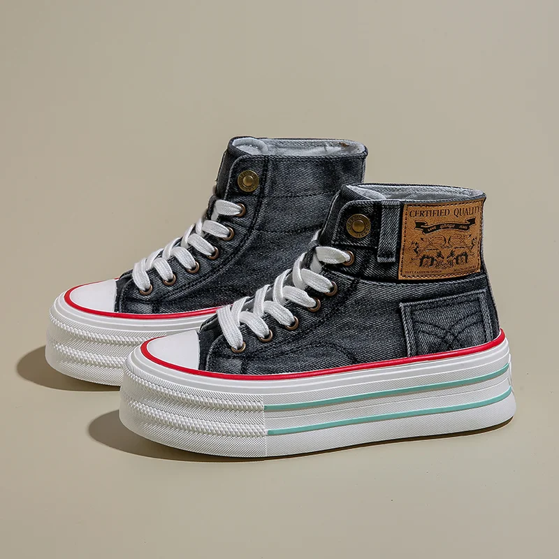 

Fashion Black Platform Canvas Shoes Women Comfortable Height Increasing Shoes High-Top Vulcanized Sneakers Woman Designer Shoes