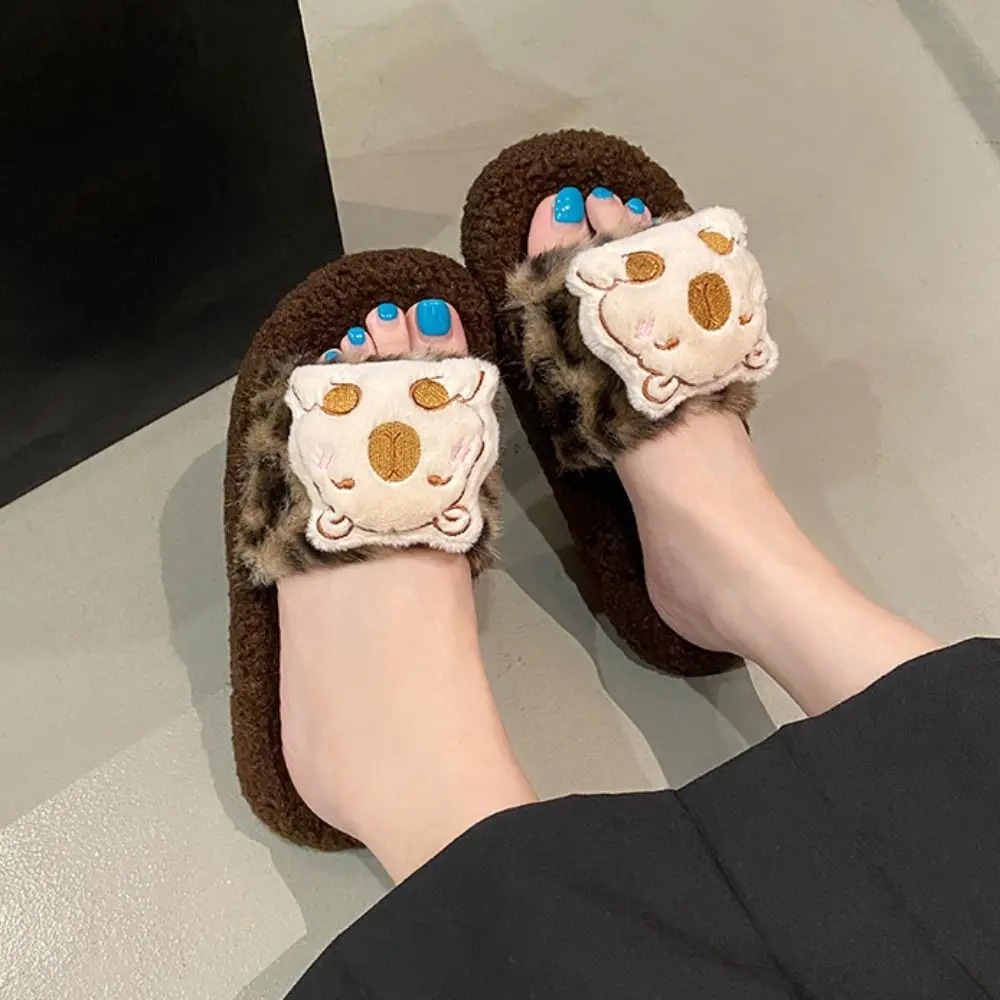 Fluffy Capybara Plush Slippers Cartoon Thicken Warm Capybara Dolls Slippers Home Wear Anti-slip Plush Leopard Slippes Women