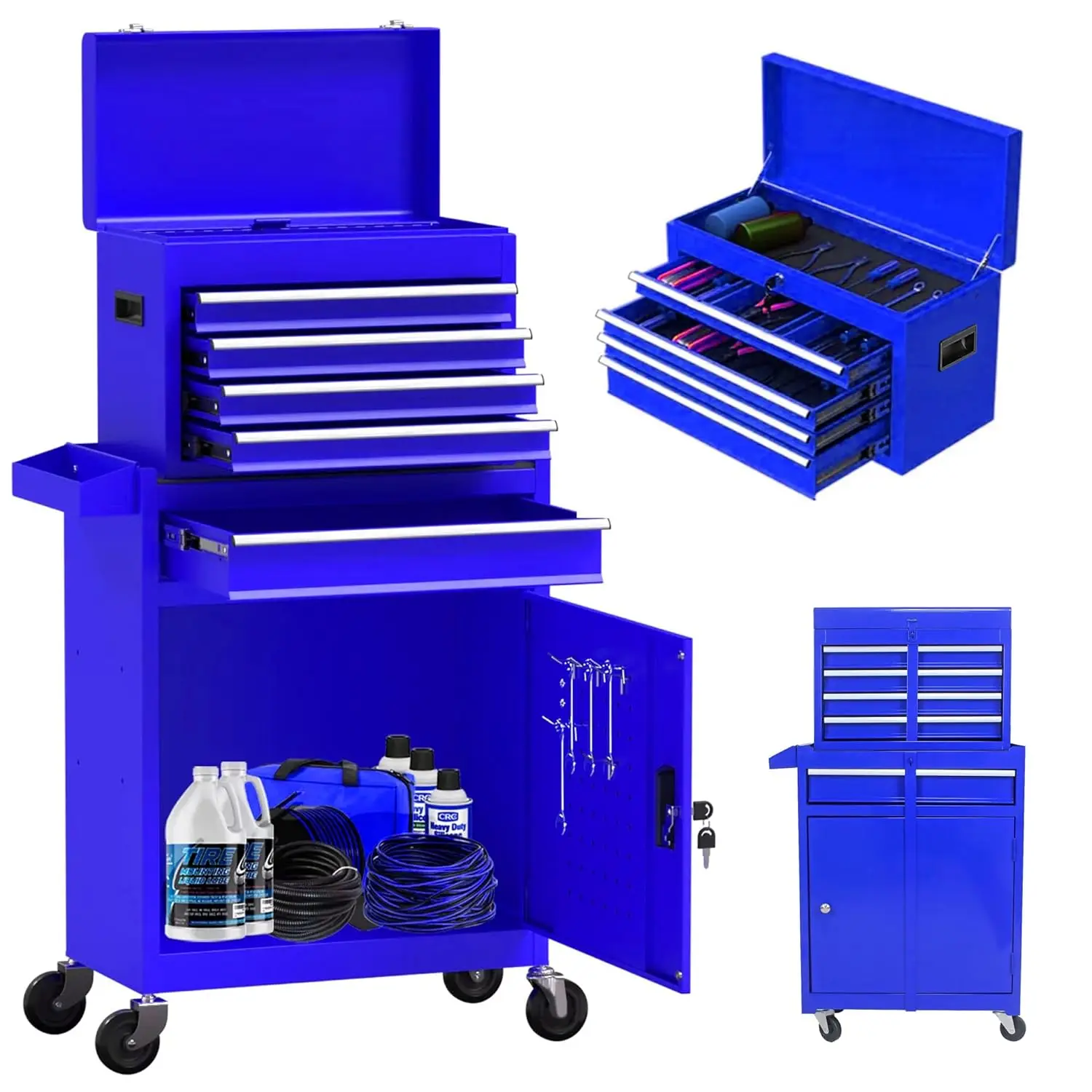 

Wheels Box 5 Drawer Rolling Tool Chest 2 Lockers Detachable Storage Cabinet for Garage Warehouse Workshop Blue