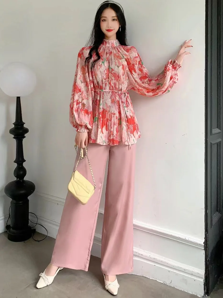 2024 New Spring Autumn Women Pants Suit Long Sleeve Loose Pleated Floral Shirt And High Waist Wide Leg Long Pants Two Piece Set