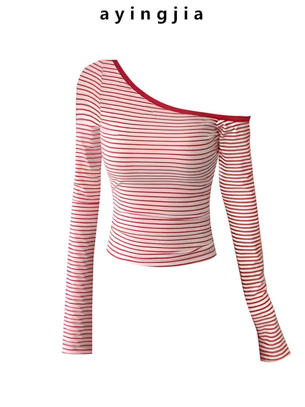 

American Sle Long Sve Striped T-irt Women's Slim Fit ort Top Sexy Girl oulder Design Casual Wear for Teen Girls