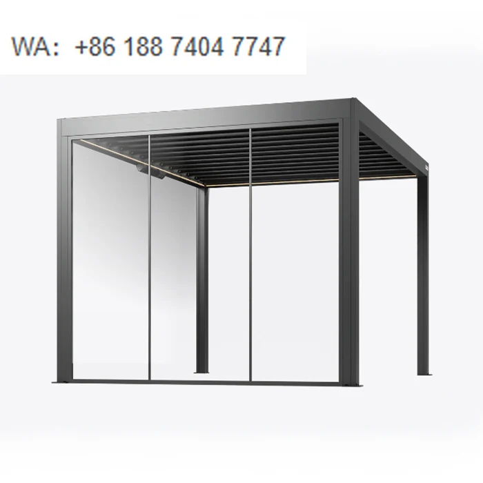 

Minimalist Motorized Aluminum Adjustable Louvered Waterproof Pergola with Hidden Drainage System and LED Strip Light for Balcony