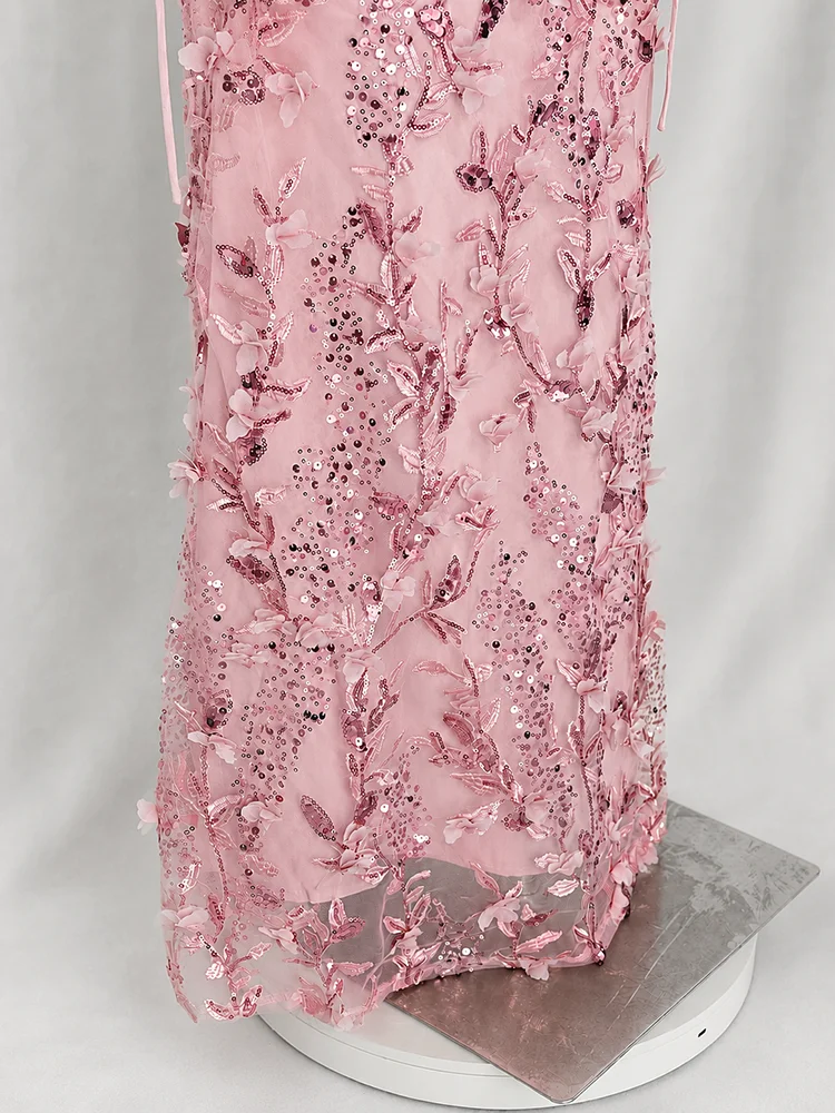 Dusty Pink Spaghetti Strap Mermaid Evening Gown 3D Floral Appliqué Sequin Tulle Corset Long Formal Wedding Guest Maxi Dress - view 6