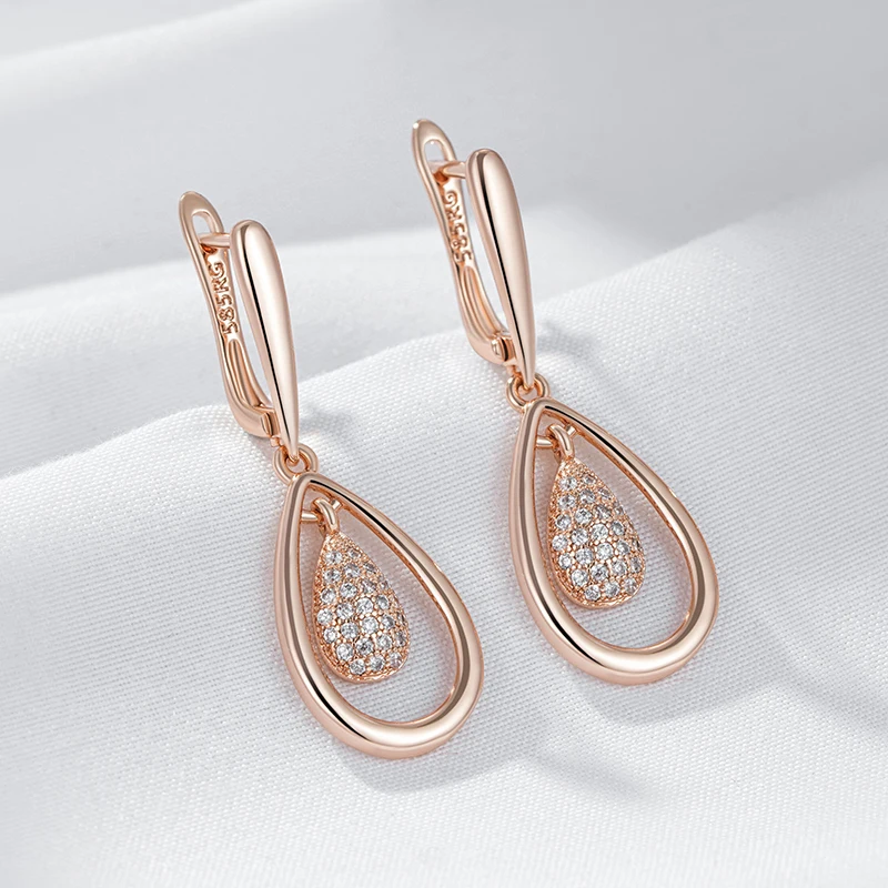 Kienl Hot Full Shiny Natural Zircon Drop Earring for Women 585 Rose Gold Color Unique Water Drop Crystal Daily Vintage Jewelry