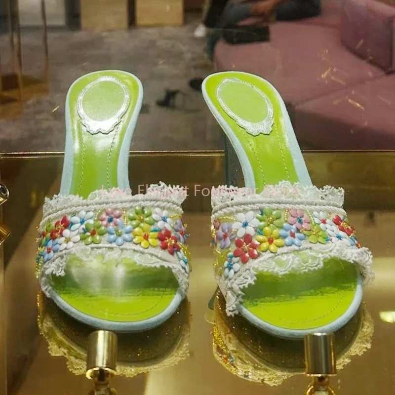 

Green Colorful Flower Shallow Stiletto Slippers Women Lace Open Toe Slip On Mules Sandals Lovely Fashion Beach Party Slippers