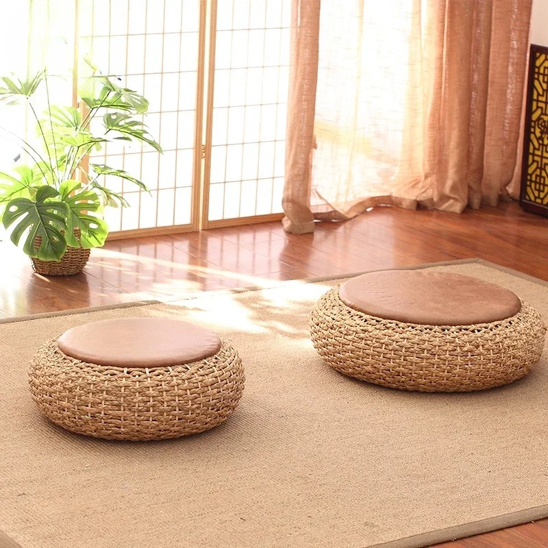 Japanese Woven Cushion Thick Tatami Meditation Seat Natural Rattan Ottoman for Balcony Zen Floor Sitting Pillow for Living Room