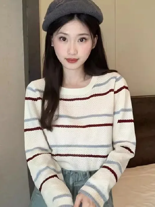 خريف 2025 ملابس تريكو نسائية فضفاضة غير رسمية غير رسمية Ne Long Sve محبوكة للتخسيس مخططة مريحة للترفيه