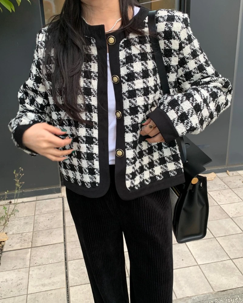 แจ็คเก็ตแขนยาวสำหรับผู้หญิงเสื้อแจ็คเก็ตคอกลมคอกลมผ้าทวีต Houndstooth เสื้อแจ็คเก็ต2024ผู้หญิงฤดูใบไม้ร่วงฤดูหนาว