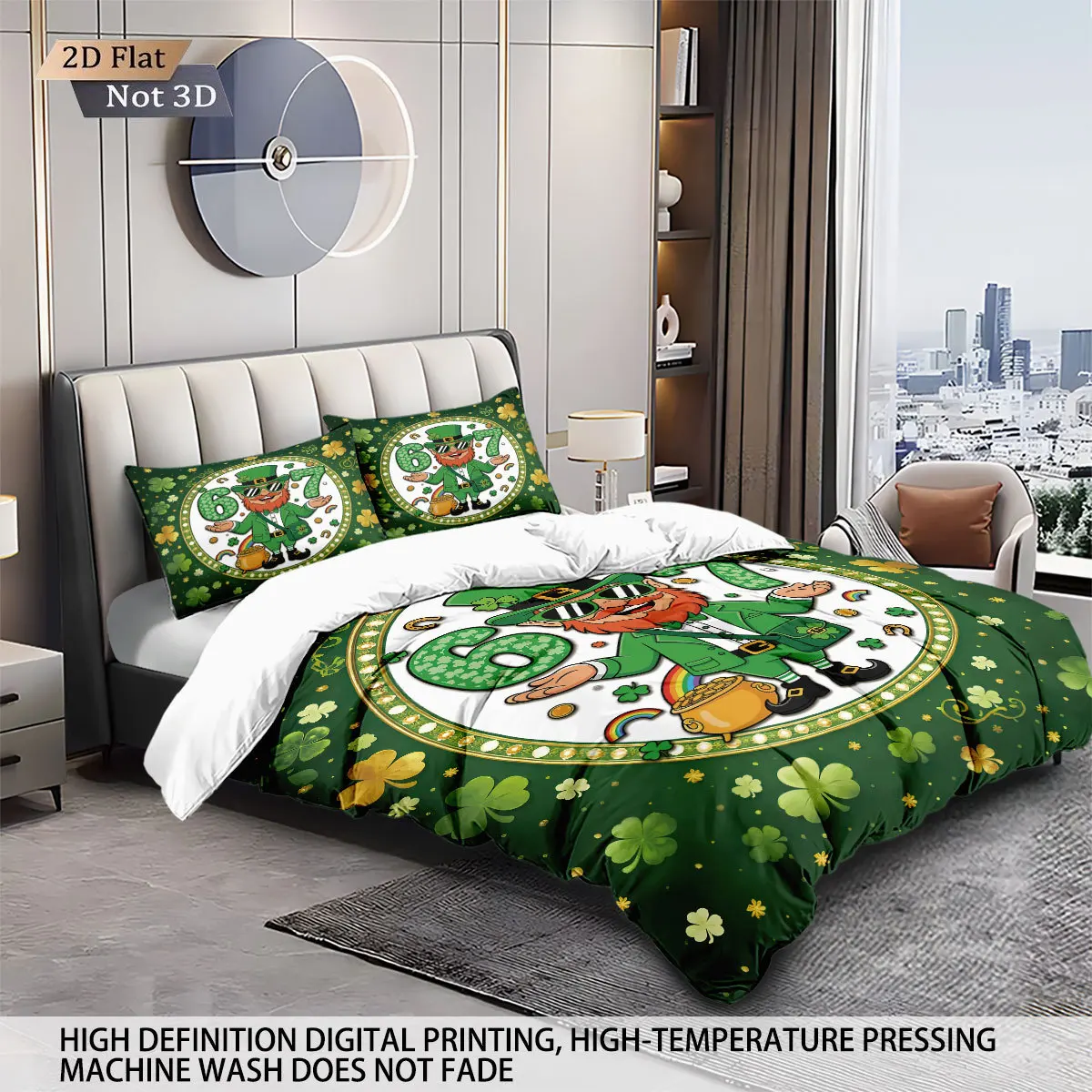 Green Fourleaf Clover Bedding Set Fun 67 Print Soft Duvet Cover for Student Dormitory, 1 Duvet Cover and 2pillowcase with Zipper