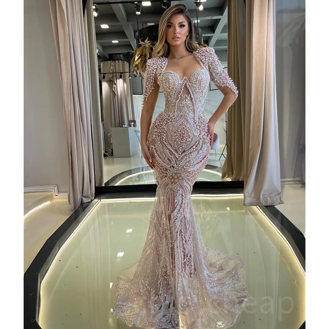 

Изысканные вечерние платья русалки с длинными рукавами и V-образным вырезом, блестками, аппликациями из бисера, 3D кружево с жемчугом и бриллиантами, платья для выпускного вечера на заказ