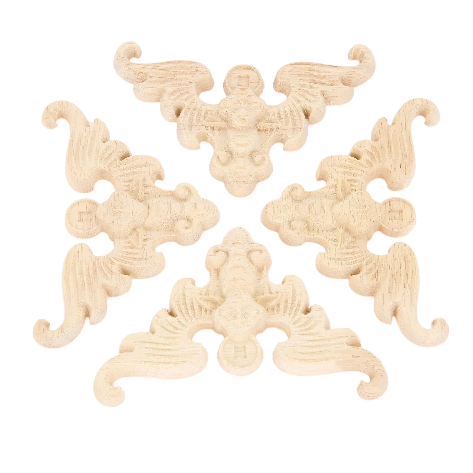 4Pcs Unpainted Natural Oak Wood Carved Applique Woodcarving Corner Onlay Decal for Furniture Cabinet Door Craft Decorative 8*8cm