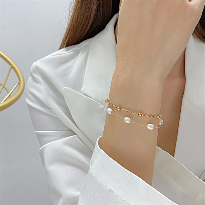 316L Stainless Steel New Fashion Fine Jewelry 2-Layers Natural Freshwater Pearls Beading Charm Chain Bracelets For Women