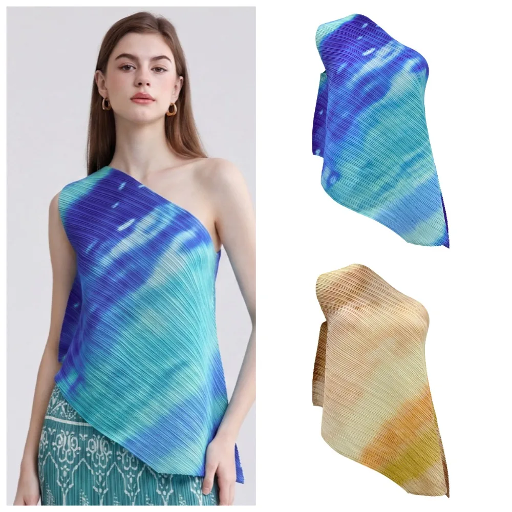 Miyake Pleated T-Shirt High-End Summer New Plisse Asymmetrical Hem Slim T-shirt Fit Slim Atmosphere Sleeveless Off-Shoulder Top