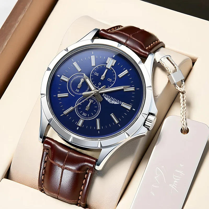 

Men Chronograph Quartz Watch, Blue Dial Brown Leather Strap Waterproof Business Wristwatch for Male