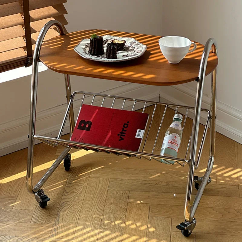 

Medieval style solid wood edge few Internet celebrities Stainless steel trolley Movable rack Magazine rack Small apartment