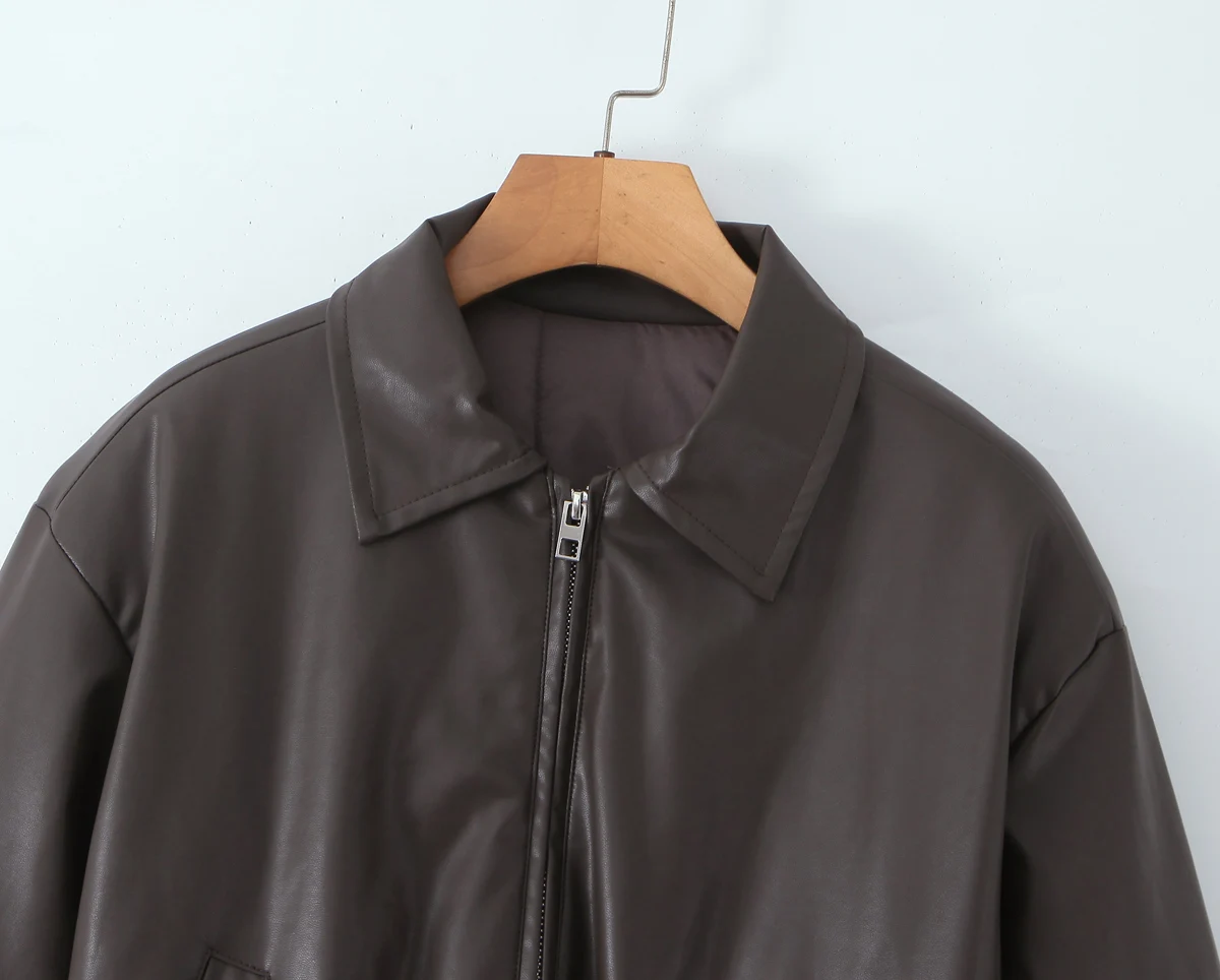 2025 Otoño Invierno mujer solapa cremallera imitación cuero pan abrigo hombro ancho manga larga cazadora corta Parka prendas de vestir exteriores negro marrón