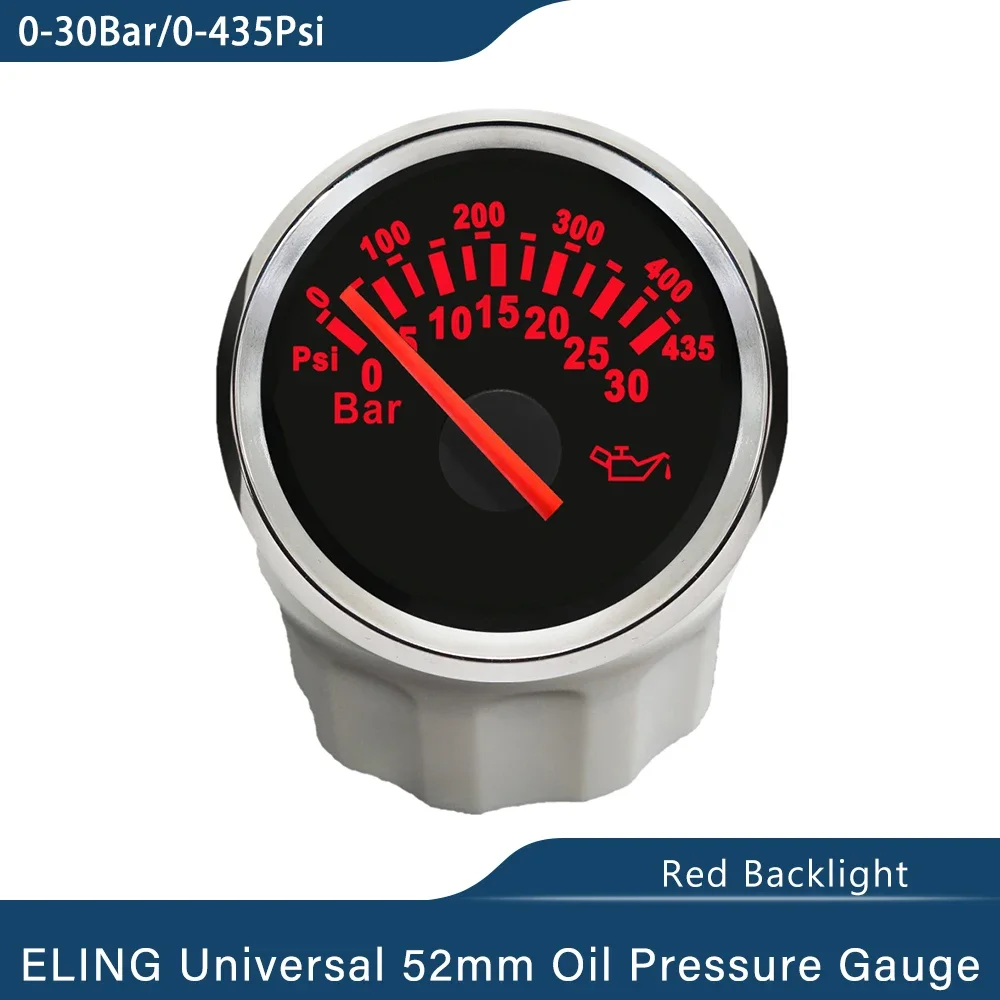 ELING Car Vessels RV Universal 52mm Oil Pressure Gauge 0-30bar 0-435Psi with Red Backlight 12V 24V