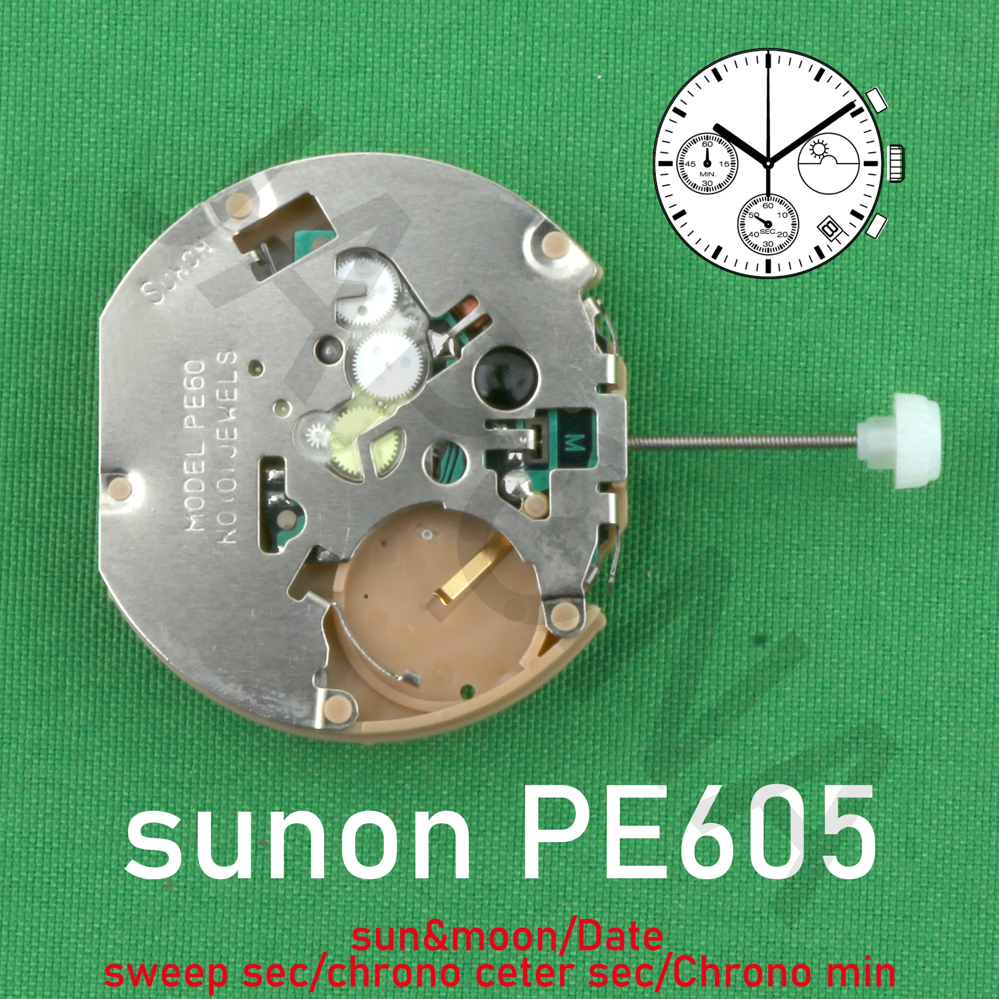 SUNON PE60 쿼츠 시계 무브먼트 스윕 세컨드 크로노그래프 크로노 센터 세컨드 크로노 분 날짜 태양 달, PE605 무브먼트