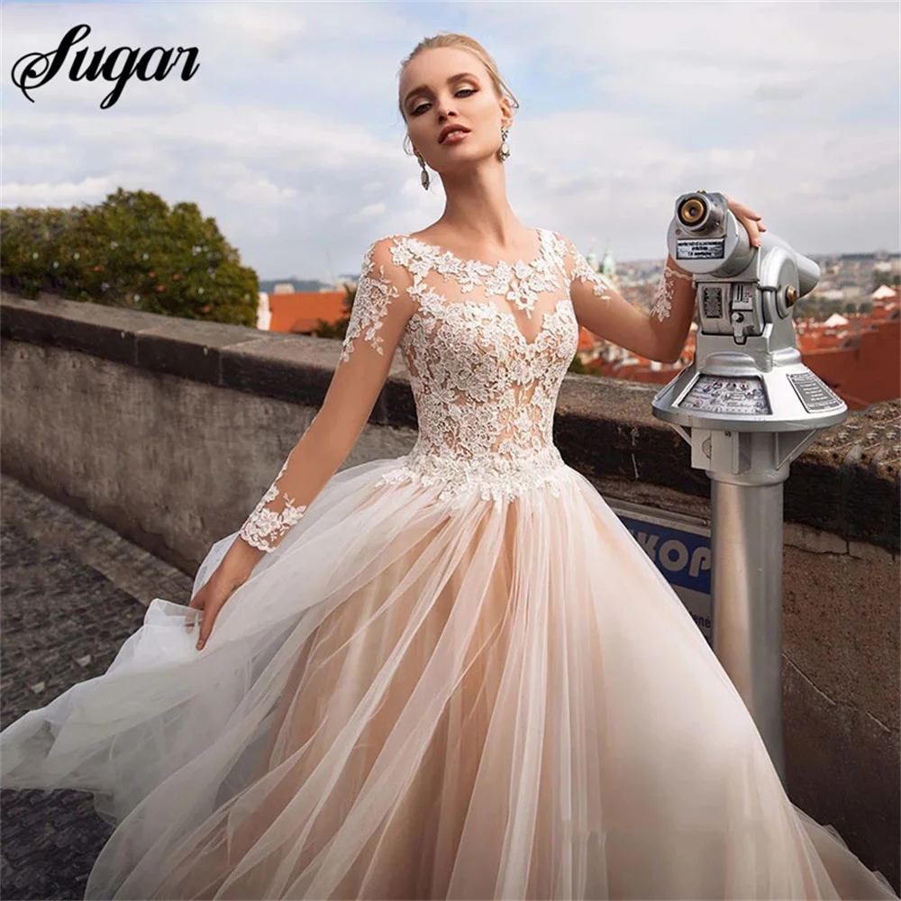 فستان زفاف عتيق برقبة دائرية من الدانتيل وأكمام طويلة مزين بالوهم فساتين زفاف تول سويب تراين Vestidos De Noiva Mariage Civil #3