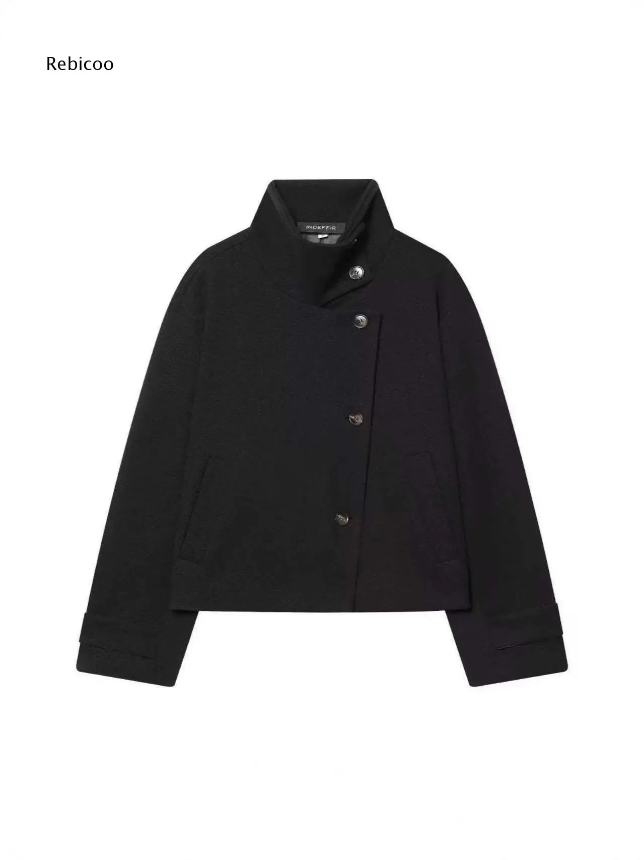 Stand Collar Short Outerwear For Women Asymmetric Button Design Side Pockets Long Sleeve Relaxed Coat For Multiple Occasions