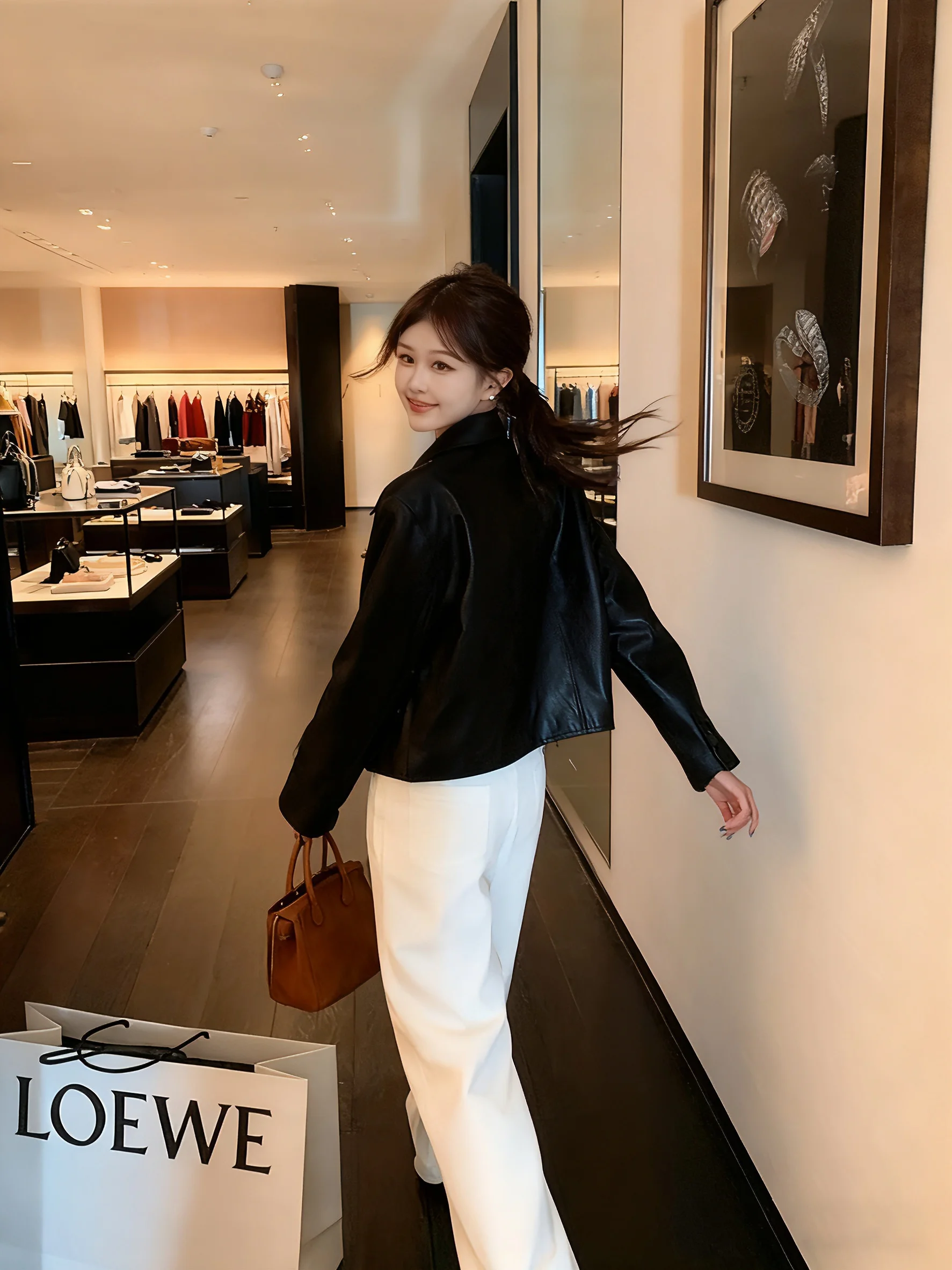 Retro Amerikanische Coole Biker-Lederjacke für Damen, Einfache Lockere Passform, Herbst-Winter-Oberbekleidung für Kleine Figuren