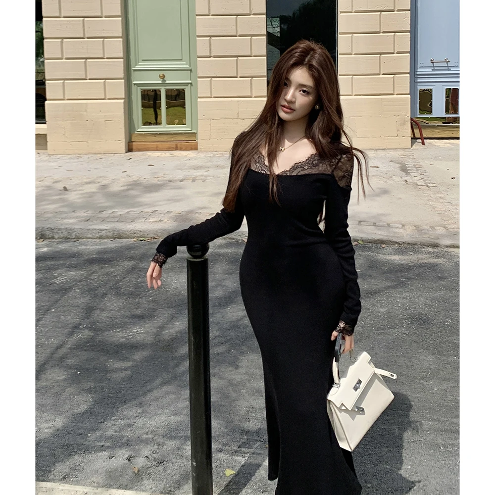 

Autumn Winter V-neck Lace Spliced Wrapped Hip Fishtail Knitted Dresses Women's High-end Slim Fit Temperament Long Sweater Dress