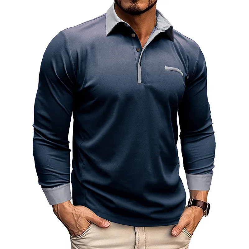 2024 Spring Autumn Men Long Sleeve Polo Shirt Zipper Pocket Lapel Men Casual Sports Long Sleeve Top Men Patchwork Top Tees image 4