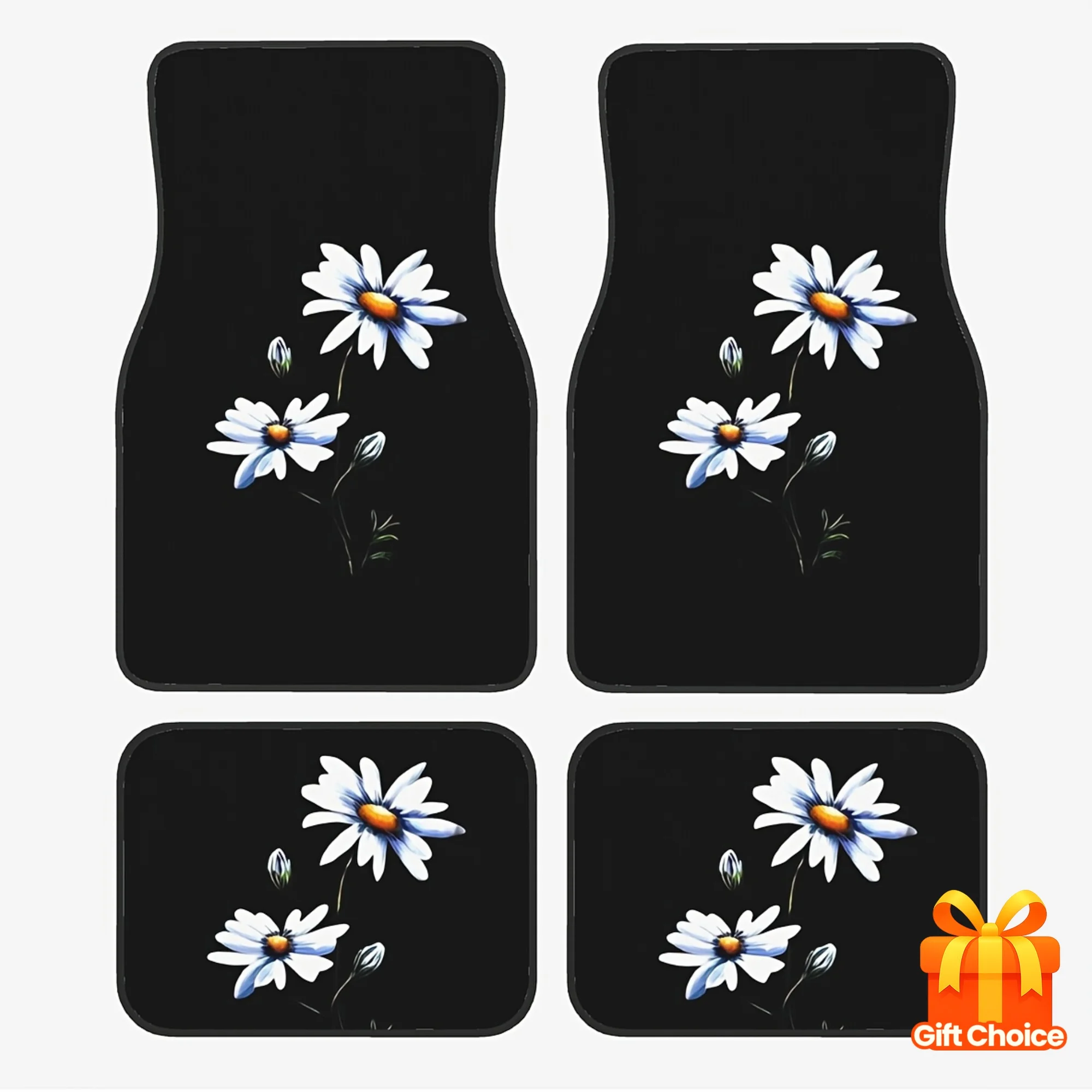 4pcs White Daisy Pattern Car Mat Set- Comfortable Crystal Velvet Vehicles Floor Mats, Front& Rear Full Coverage Auto Interior Ac