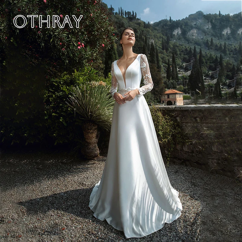 V-neck Long Sleeves A-line Bridal Wedding Gowns Backless Sash Satin Floor Length Customized свадебное платье