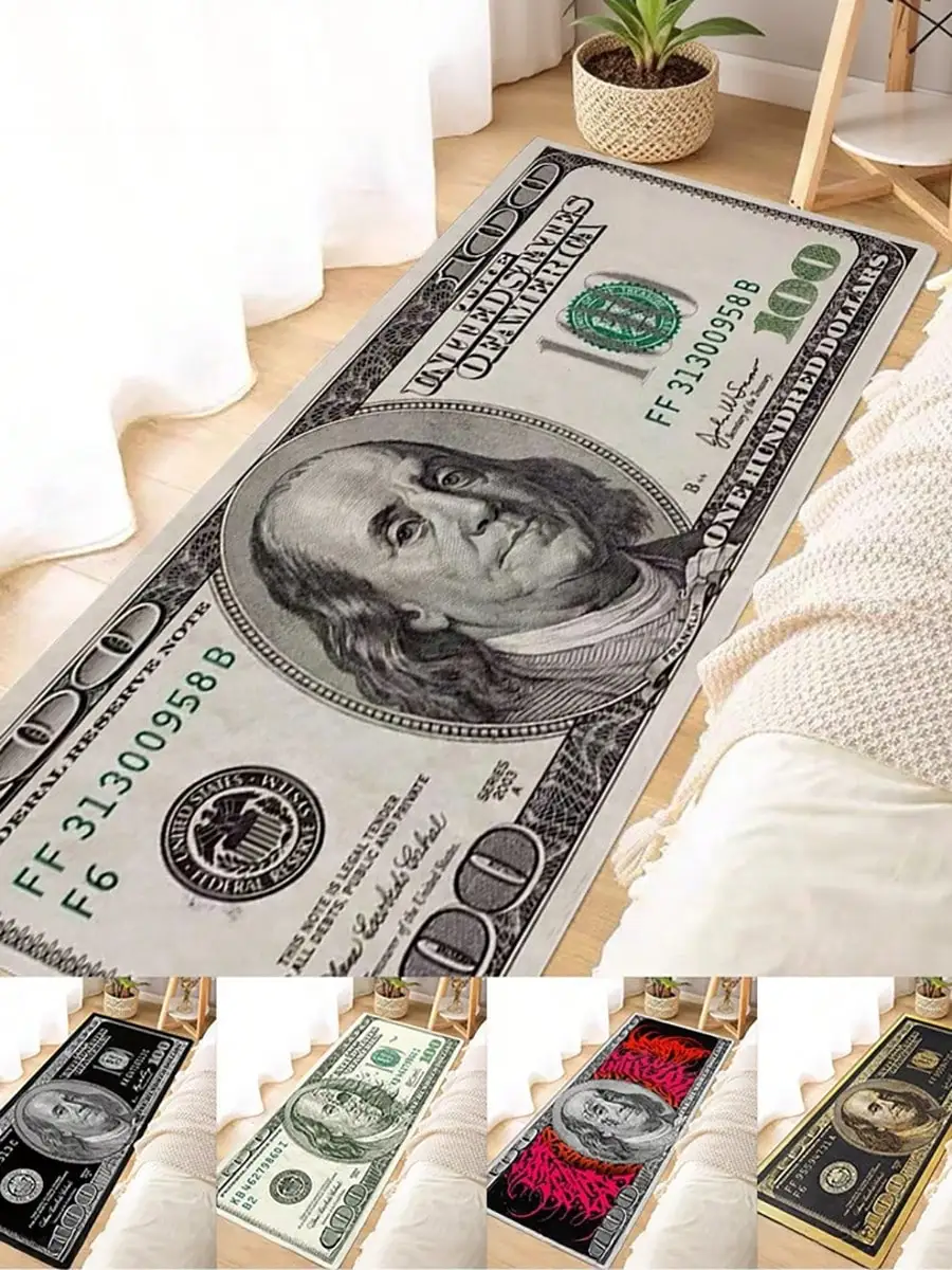 1pc Interesting Portrait & Dollar Bill Pattern Rug, Modern Creative Cartoon INS Style American Elements Rectangle Soft Area Carpet, Applicable For Outdoor, Entrance, Living Room, Bedroom, Laundry Room, Bathroom, Game Room, Washable All Season Bedside Mat