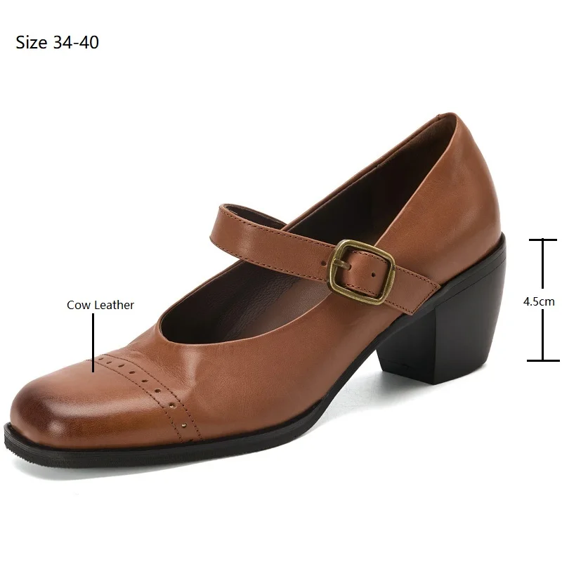 Drestrive 2025 Classic Top Quality Mary Janes Washed Cowhide Square Toe Buckle Thick Mid Heels Women's Pumps Autumn Shoes