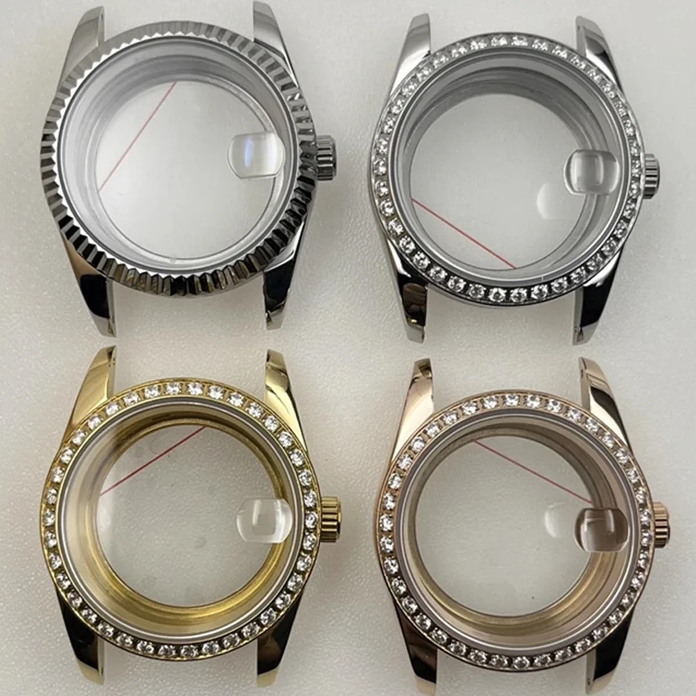 Cassa in acciaio inossidabile NH35 da 36 mm, cassa dell'orologio in vetro zaffiro con lunetta con strass alla moda adatta al guscio del movimento NH35A NH36 4R35A 4R36A