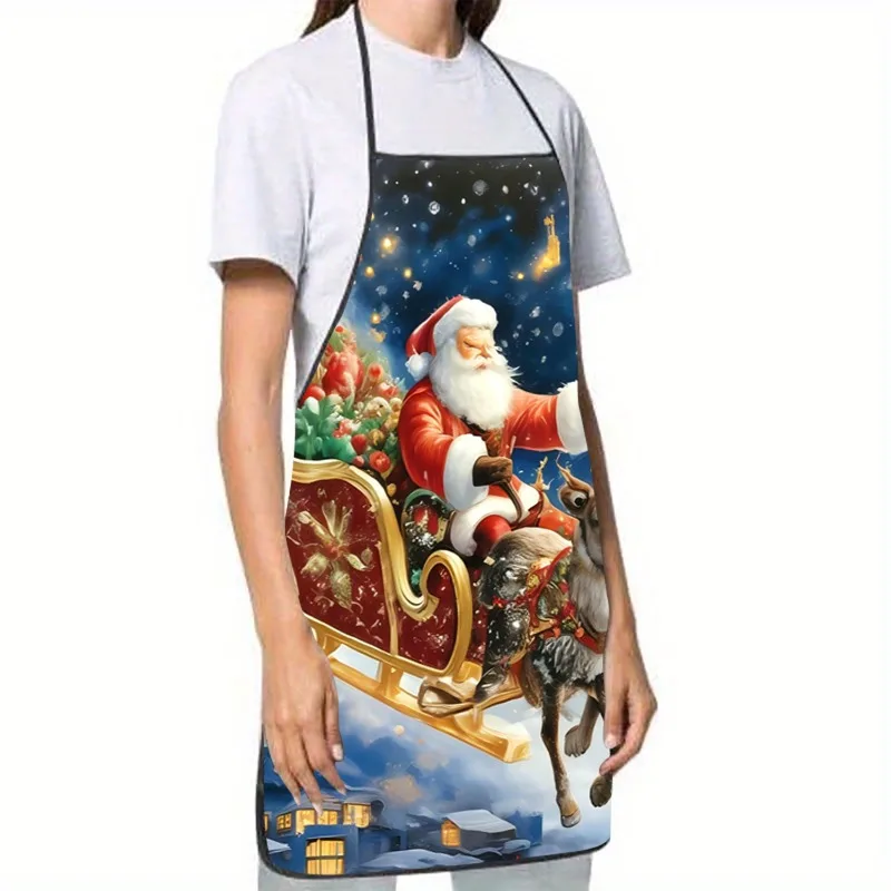 1pc Christmas Theme Apron, Santa Reindeer Pattern, Festive Cooking Partner, Family Gathering Party Baking Atmosphere Tool
