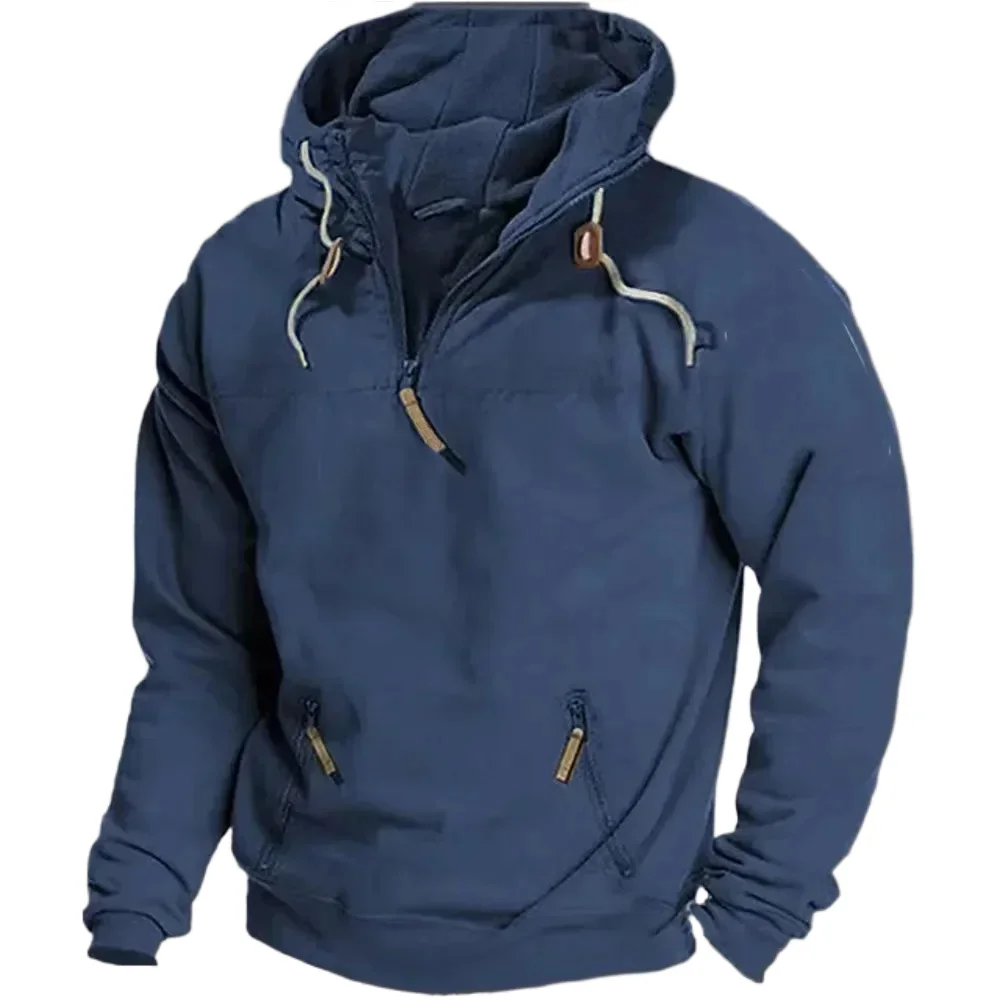 2024 primavera outono dos homens sólido vintage moletom com capuz meio zip esportes tático hoodies agasalho casual moletom masculino casacos