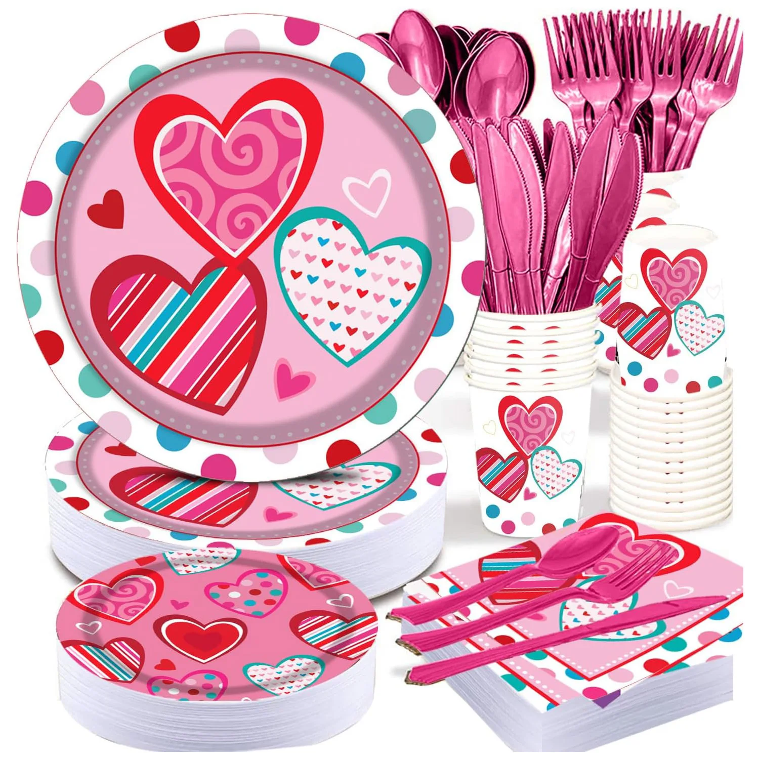 2025 Valentines Day Party Supplies Tableware Set - 25 Set Heart and Love Disposable Dinnerware - Red Paper Plates Napkins Cups,